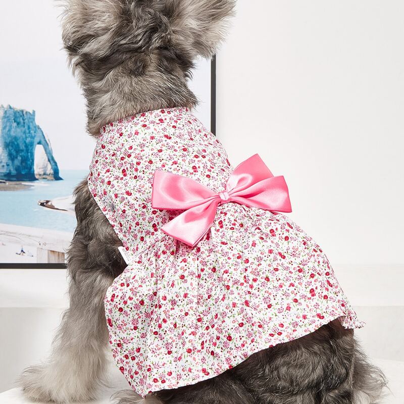 

1pc Bow Decor Dog Ditsy Floral Dress, Pink