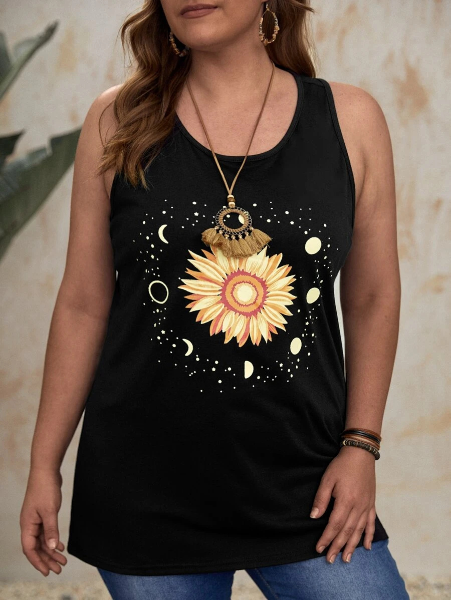 EMERY ROSE Áo tăng hoa văn hoa hướng dương quá khổ - màu đen - Xem 1