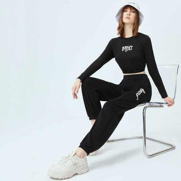 

Letter Graphic Crop Top & Joggers Set, Black