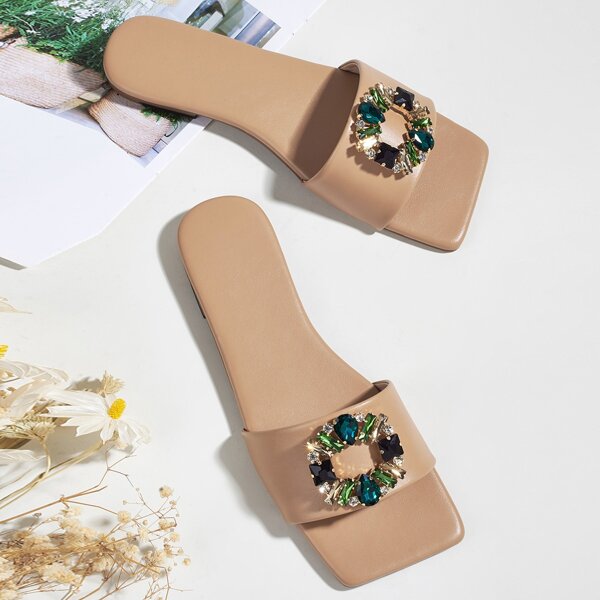 

Rhinestone Decor Slide Sandals, Brown