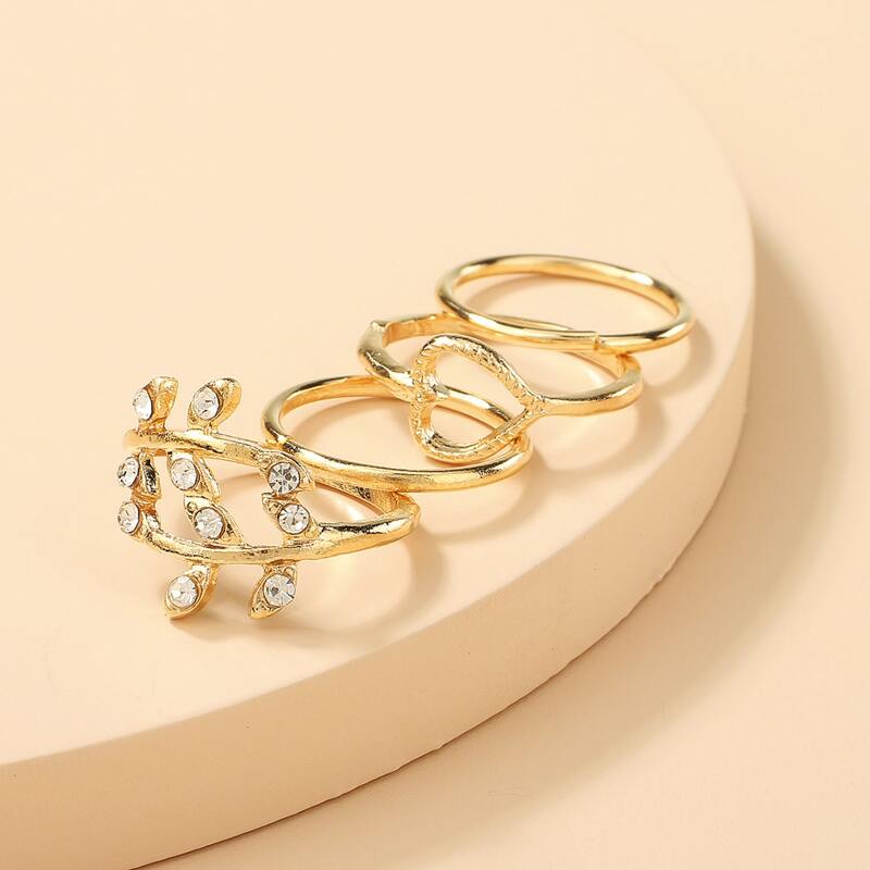

4pcs Rhinestone Leaf Ring Set, Gold