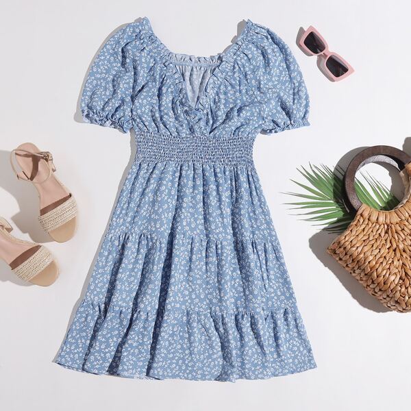 

Frill Trim Shirred Waist Ditsy Floral Dress, Blue