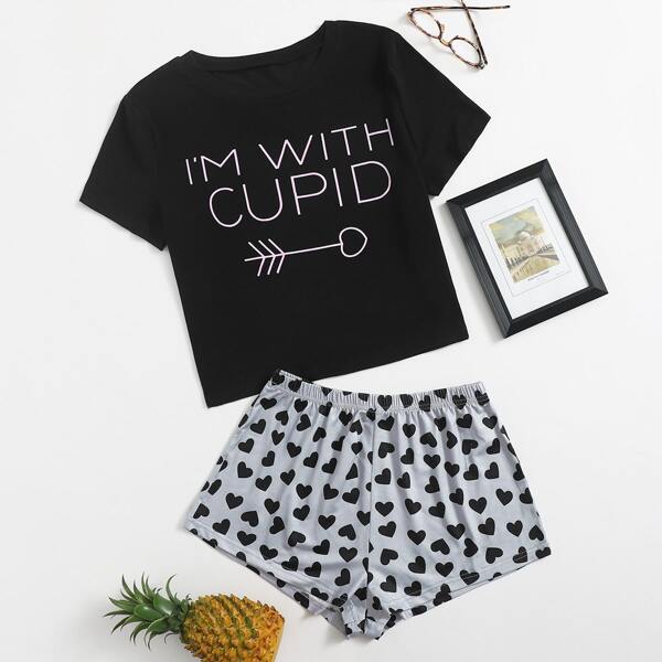 

Slogan & Heart Print PJ Set, Multicolor