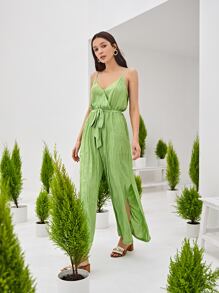 SHEIN VCAY Slit Hem Belted Cami Jumpsuit - Lime Green - View 3