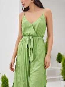 SHEIN VCAY Slit Hem Belted Cami Jumpsuit - Lime Green - View 7