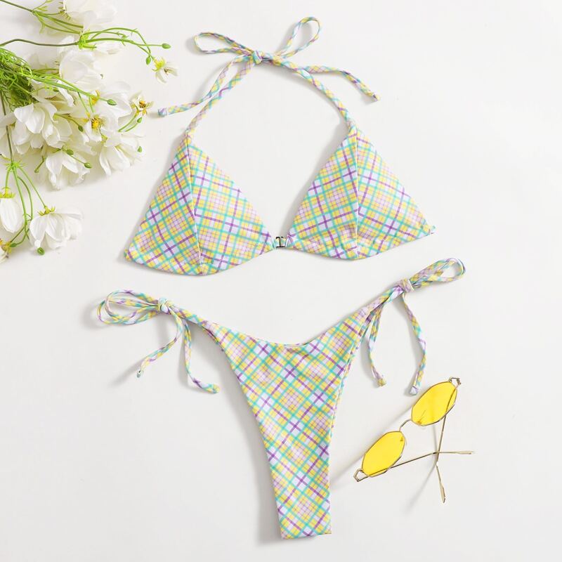 

Tartan Triangle Tie Side Bikini Swimsuit, Multicolor