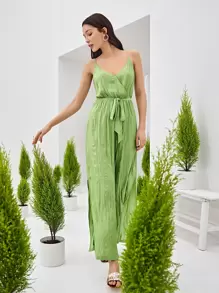 SHEIN VCAY Slit Hem Belted Cami Jumpsuit - Lime Green - View 8