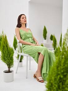 SHEIN VCAY Slit Hem Belted Cami Jumpsuit - Lime Green - View 10