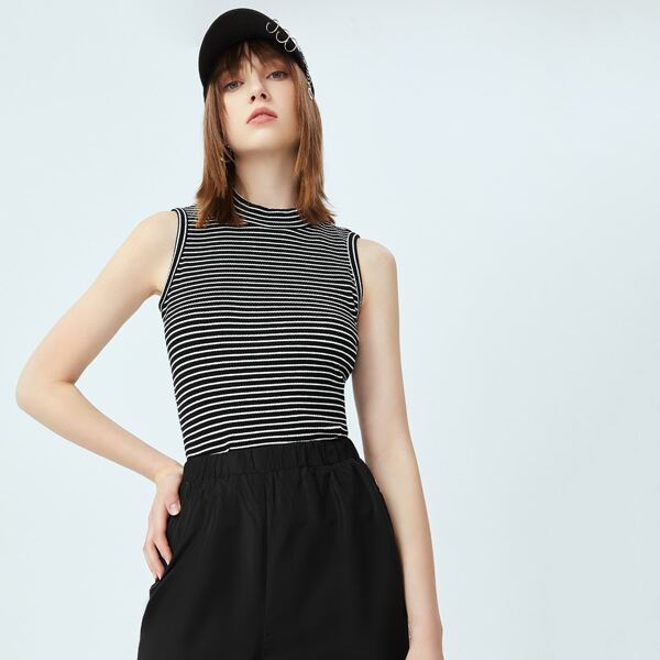 

Striped Mock Neck Tank Top, Black