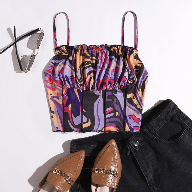 

Ruched Bust Frill Trim Graphic Cami Top, Multicolor
