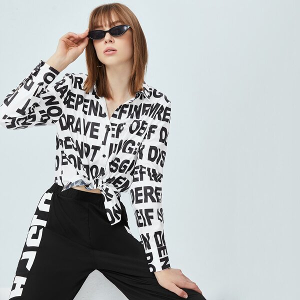 

All Over Letter Print Single Breasted Blouse, Black and white