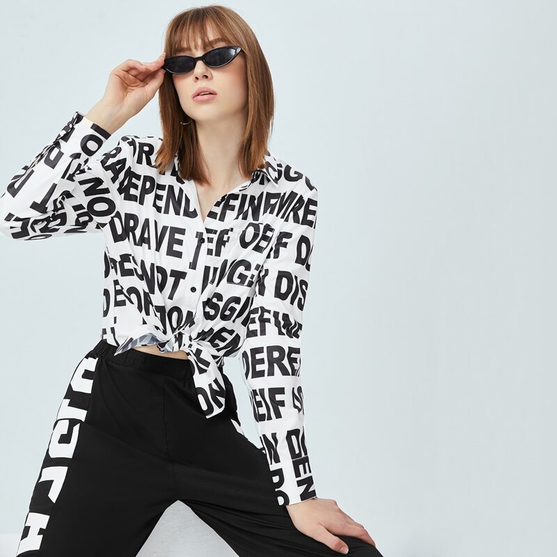 

All Over Letter Print Single Breasted Blouse, Black and white