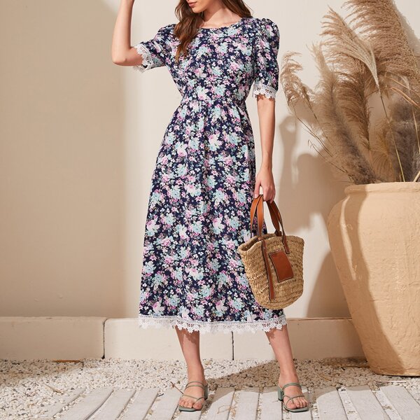 

Lace Panel Puff Sleeve Floral A-line Dress, Multicolor