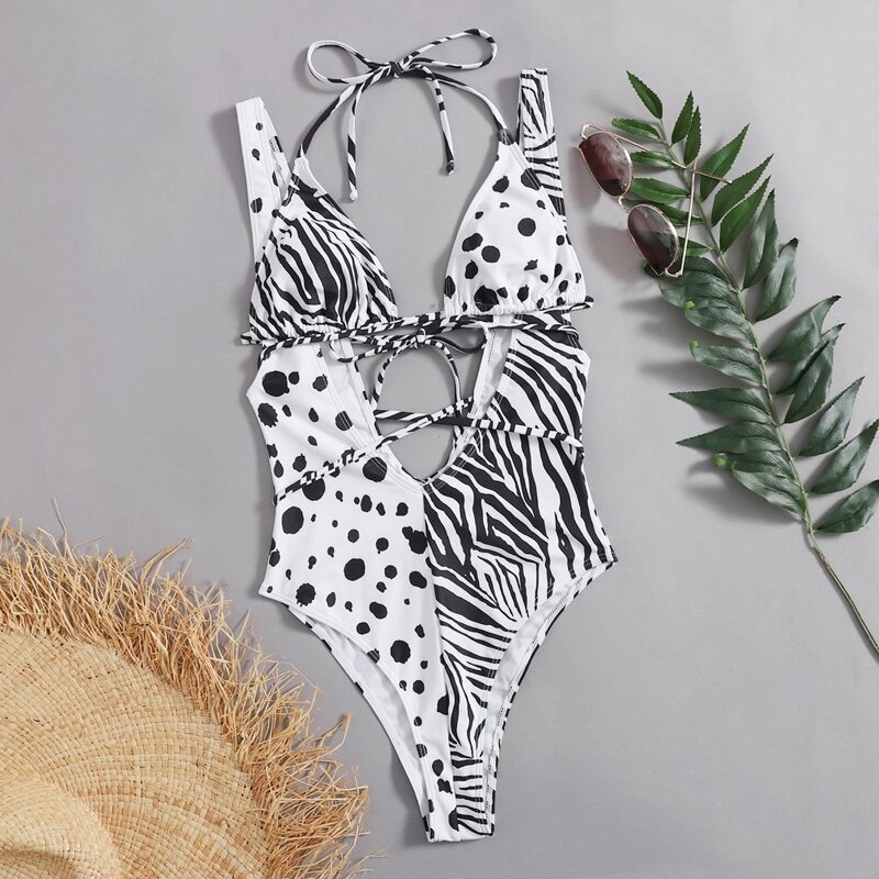 

Dalmatian & Zebra Striped Suspender Bikini Swimsuit, Black and white