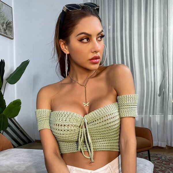 

Knot Front Crop Bardot Cover Up, Lime green