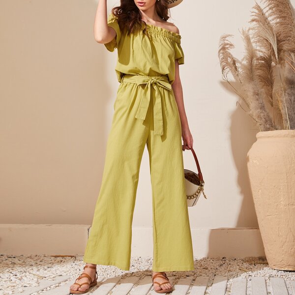 

Solid Bardot Top & Belted Pants, Mustard yellow