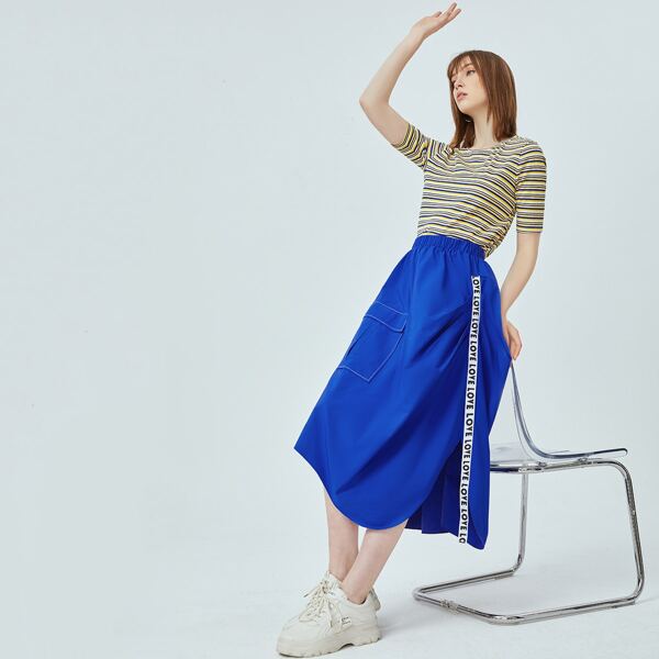 

Striped Tee & Letter Tape Side Skirt Set, Multicolor