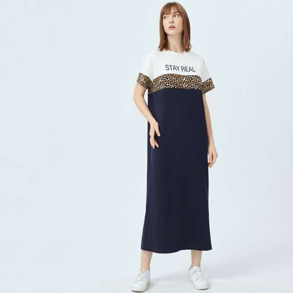 

Slogan Graphic Leopard Print Colorblock Dress, Navy blue