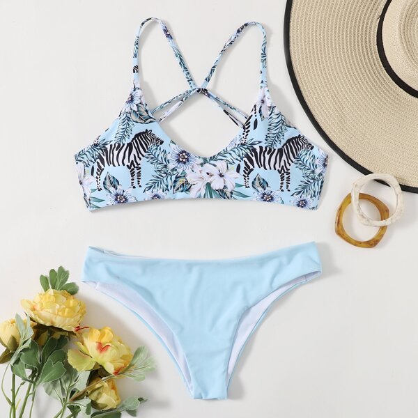 

Бикини с цветочным рисунком & с узором зебры, Синий
