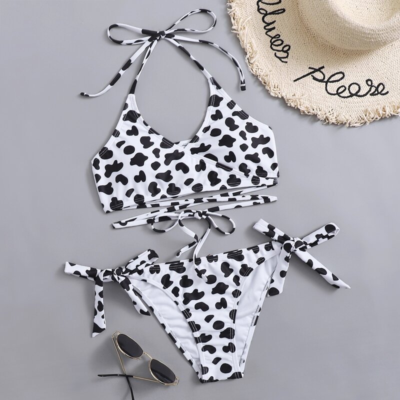 

Cow Print Wrap Bikini Swimsuit, Black and white