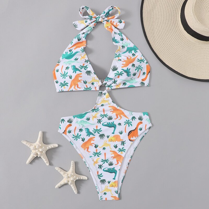 

Cartoon Dinosaur One Piece Swimsuit, Multicolor
