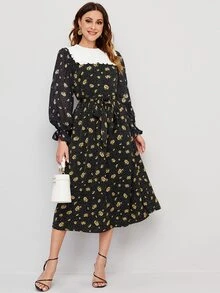 SHEIN Floral Flounce Sleeve Contrast Collar Dress - Multicolor - View 3