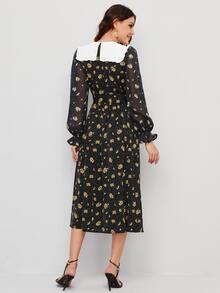 SHEIN Floral Flounce Sleeve Contrast Collar Dress - Multicolor - View 2