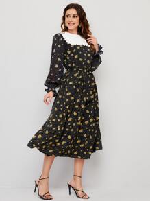 SHEIN Floral Flounce Sleeve Contrast Collar Dress - Multicolor - View 1