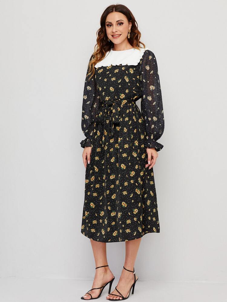SHEIN Floral Flounce Sleeve Contrast Collar Dress - Multicolor - View 4