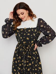 SHEIN Floral Flounce Sleeve Contrast Collar Dress - Multicolor - View 5