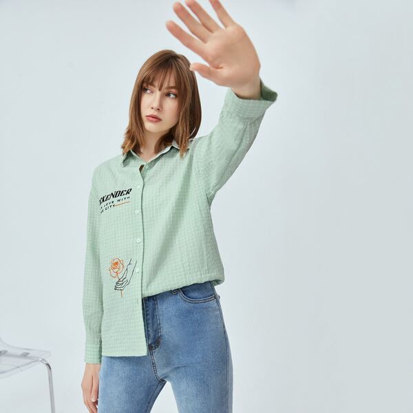 

Plaid Floral & Gesture Embroidered Blouse, Mint green