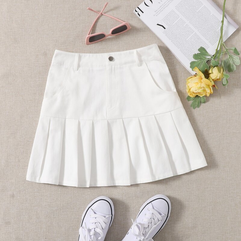 

Pleated Hem Solid Skirt, White