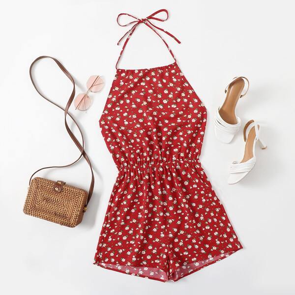 

Tie Back Ditsy Floral Halter Romper, Red