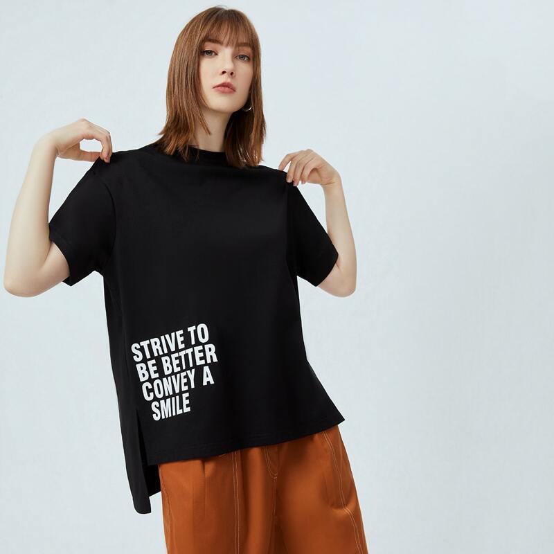 

Slogan Graphic Split Hem Tee, Black
