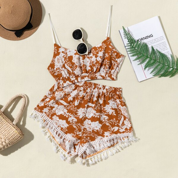 

Floral Print Cami Top & Tassel Hem Shorts Set, Multicolor