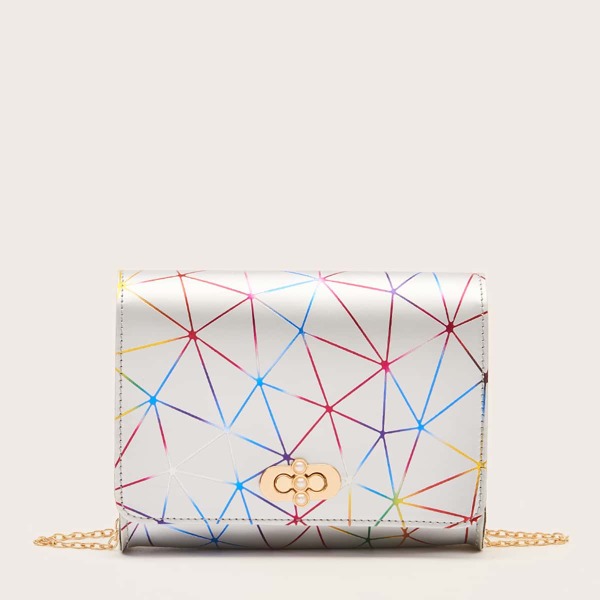 

Geometric Graphic Chain Crossbody Bag, Silver