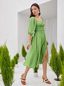 SHEIN VCAY Split Thigh Ruched Lantern Sleeve Dress - Lime Green - View 3