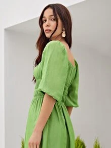 SHEIN VCAY Split Thigh Ruched Lantern Sleeve Dress - Lime Green - View 7