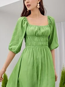 SHEIN VCAY Split Thigh Ruched Lantern Sleeve Dress - Lime Green - View 8