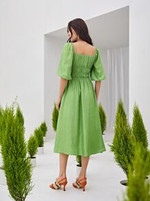 SHEIN VCAY Split Thigh Ruched Lantern Sleeve Dress - Lime Green - View 9