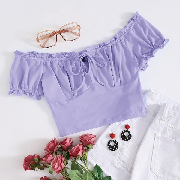 

Off Shoulder Frill Trim Knot Front Top, Violet purple