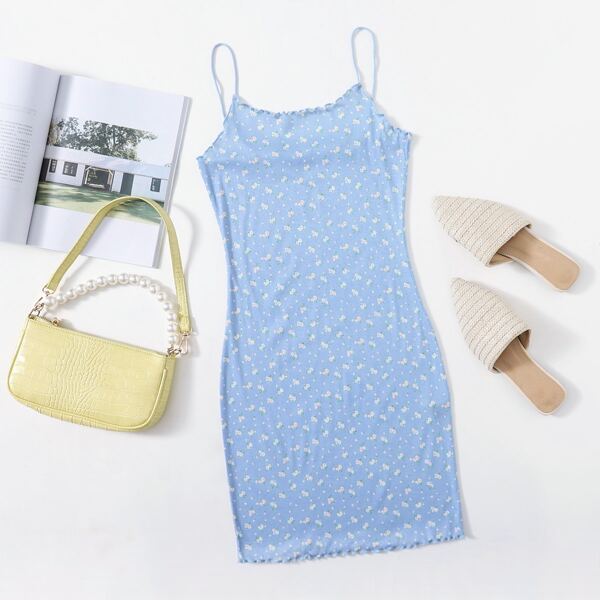 

Ditsy Floral Lettuce Trim Bodycon Dress, Baby blue