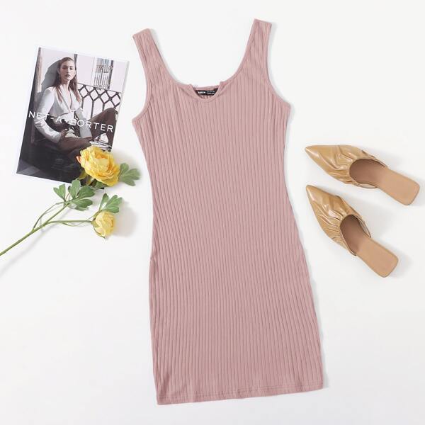

Notched Neck Rib-knit Bodycon Dress, Dusty pink