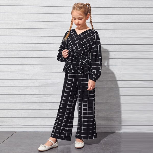 

Girls Grid Wrap Belted Top & Wide Leg Pants Set, Black