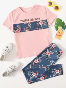 SHEIN Tween Girl Letter & Tropical Print Tee And Leggings Set - Multicolor - View 1