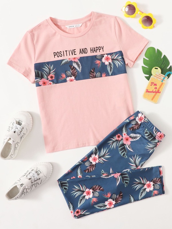 SHEIN Conjunto De Camiseta Y Leggings De Letra Y Estampado Tropical Para Niñas Entre 8 Y 14 Años