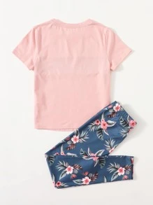 SHEIN Tween Girl Letter & Tropical Print Tee And Leggings Set - Multicolor - View 2