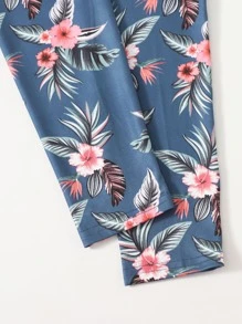 SHEIN Tween Girl Letter & Tropical Print Tee And Leggings Set - Multicolor - View 3