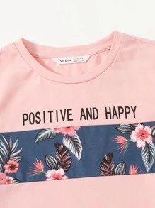 SHEIN Tween Girl Letter & Tropical Print Tee And Leggings Set - Multicolor - View 4