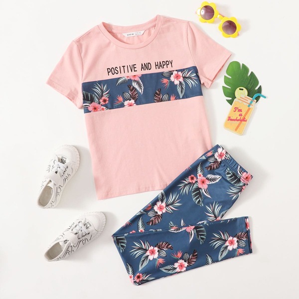 

Girls Letter & Tropical Print Tee And Leggings Set, Multicolor